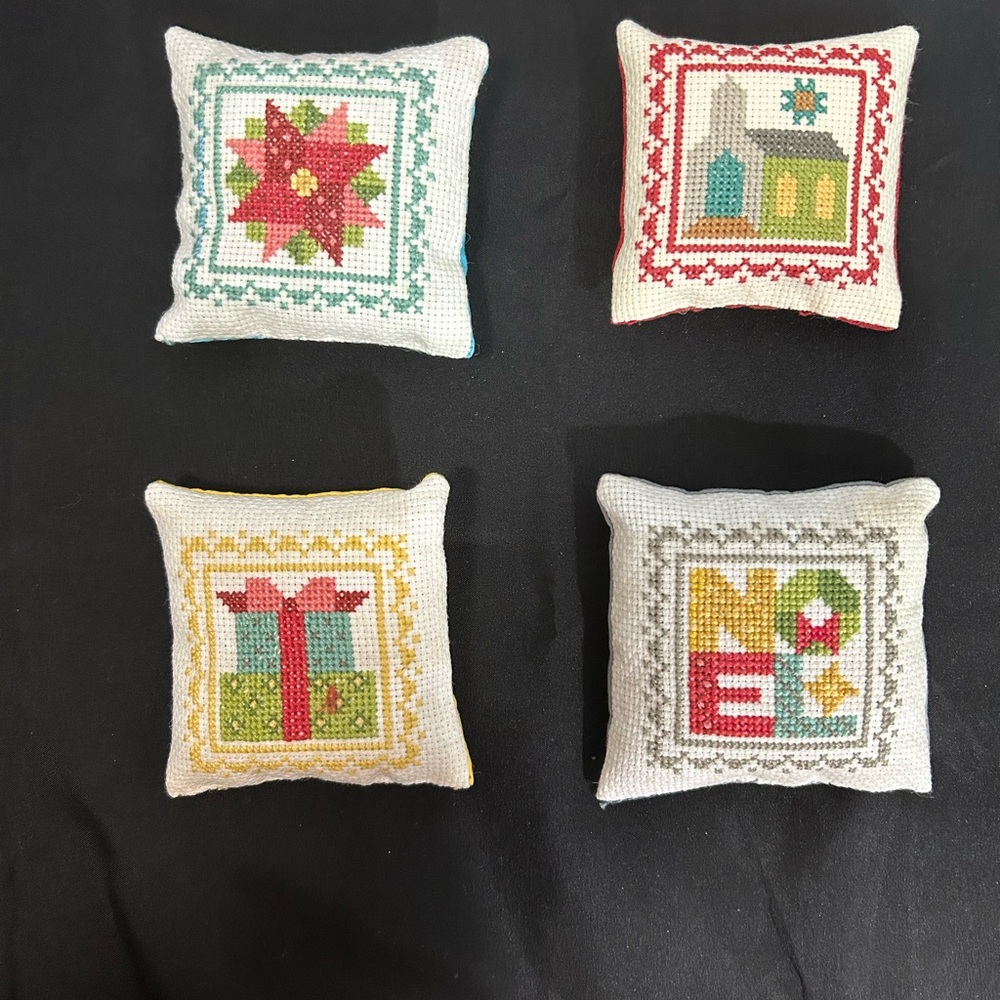 Festive homemade holiday cross-stitch accent pillow set - Picture 1 of 6
